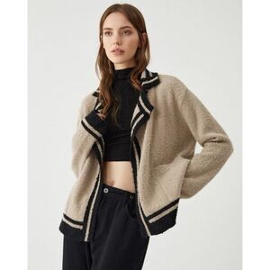 Commense Fall Chic Neutral Contrast Trim Knit Open Front Cardigan Small Acrylic